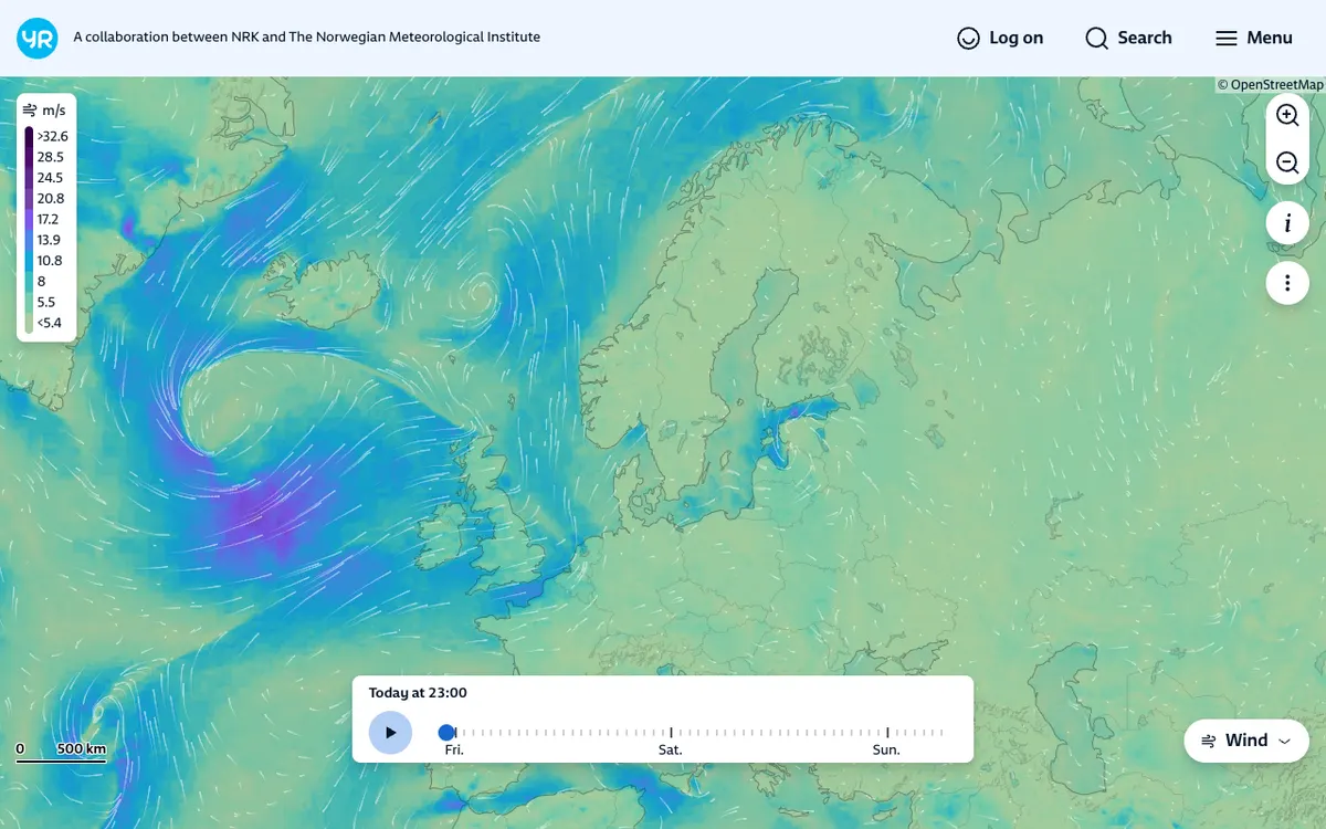 Screenshot of the YR.no Weather Maps map